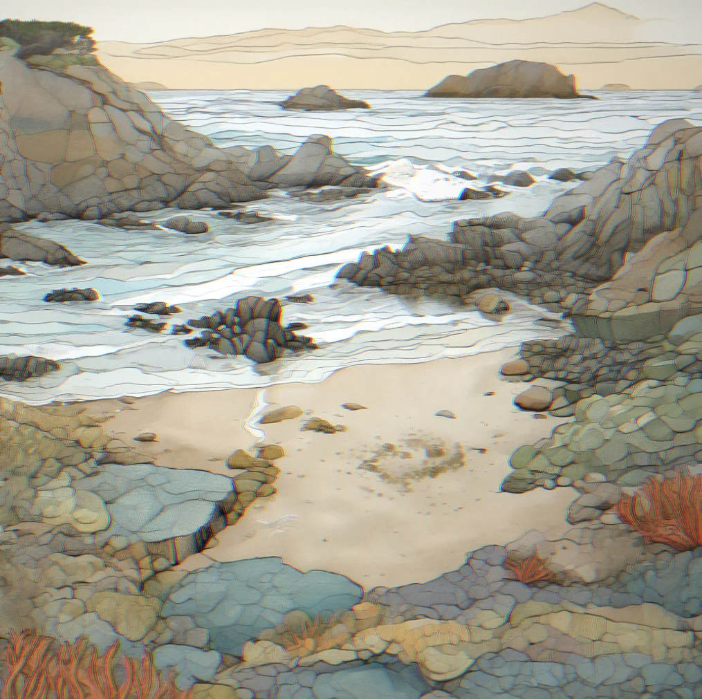 Rocky coastline showing layers of tide pools at different elevations with kelp and sea stars