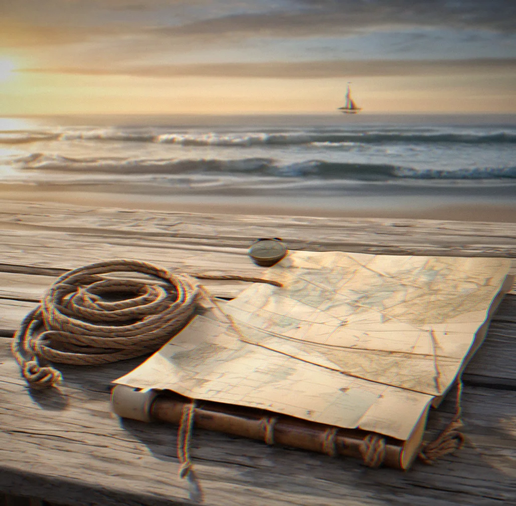 Wooden navigation chart rolled and bound with twine on weathered table beside compass
