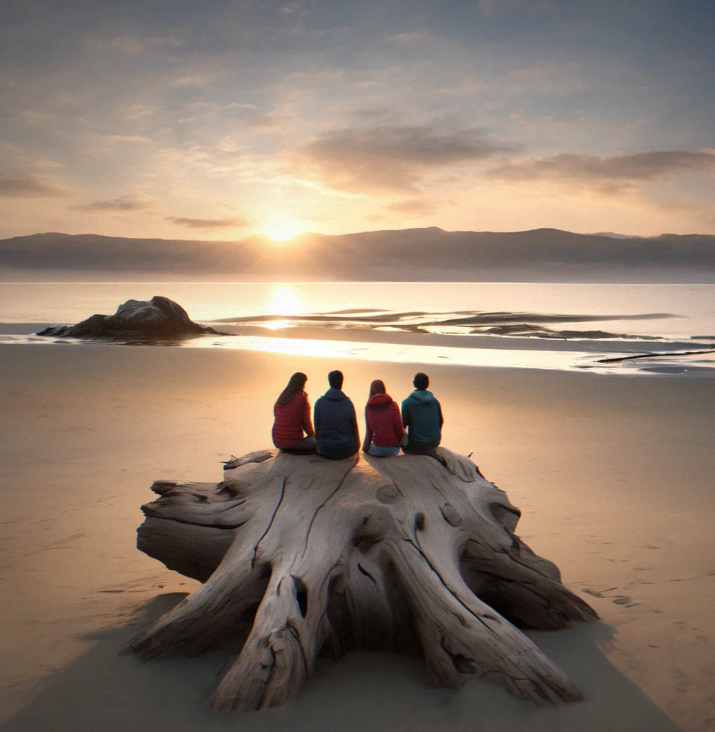 Five people sitting in a circle on a driftwood log facing an estuary at sunset