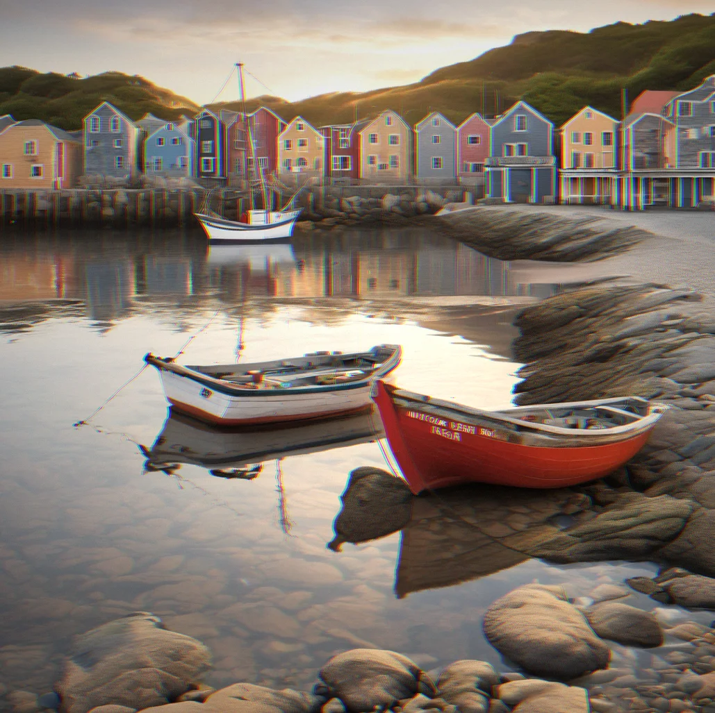 Historic harbor town with fishing boats moored at low tide near weathered maritime buildings