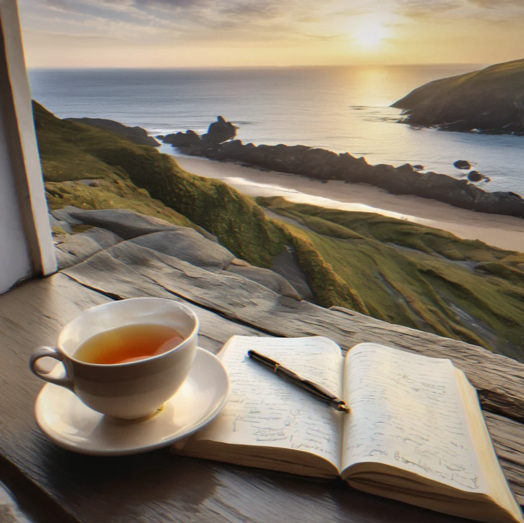 Open journal with handwritten notes beside a cup of tea on a window seat overlooking water