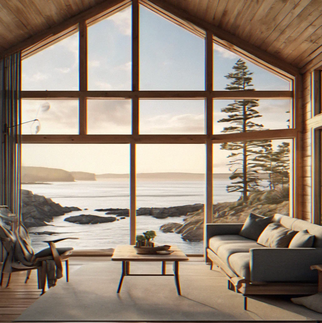 Simple coastal cabin interior with large window framing water view, minimal furnishings, natural light