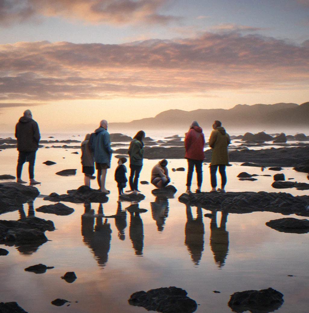 Six people standing in a shallow tide pool inlet at dusk, hands on the rocks around them