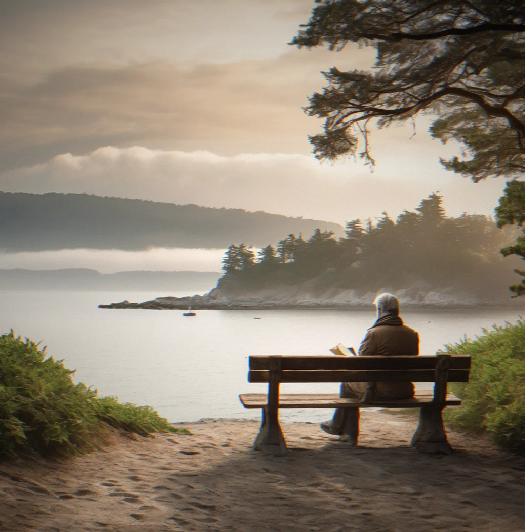 Someone sitting on an old bench facing the bay with a notebook, morning mist coming off the water