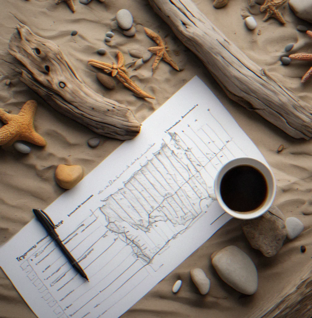 Worksheets and seasonal charts spread across a driftwood table with coffee and a pen