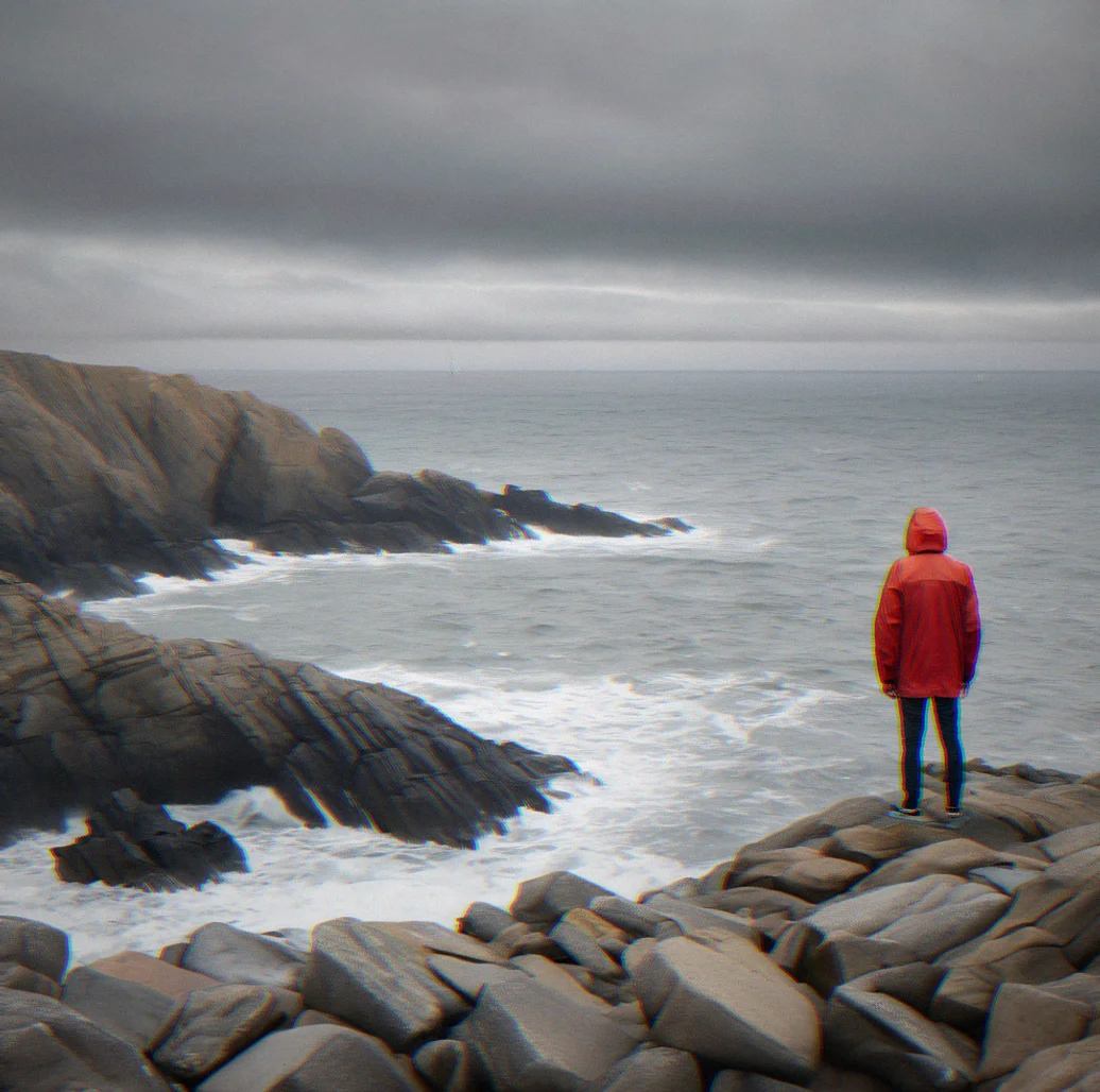 Person in windbreaker standing alone on rocky headland during gray morning light, looking out toward horizon