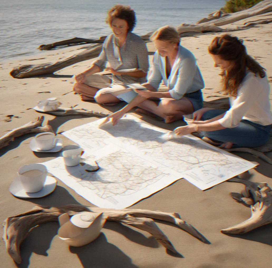 Three people seated around driftwood table with anchor worksheets spread out, coffee cups, mid-conversation in dappled sunlight