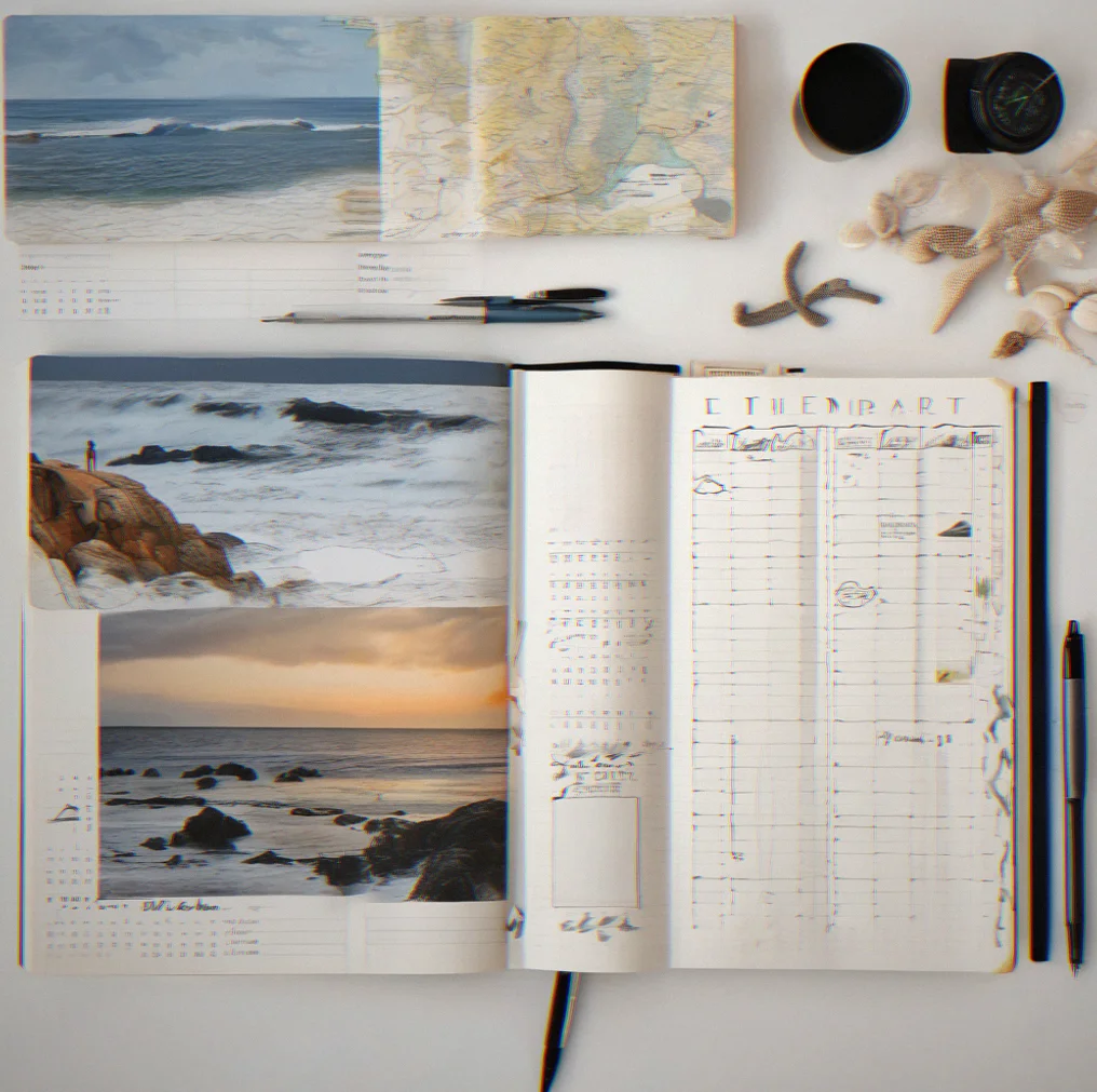 Overhead shot of open journal with handwritten entries beside tide chart calendar, pen resting on page
