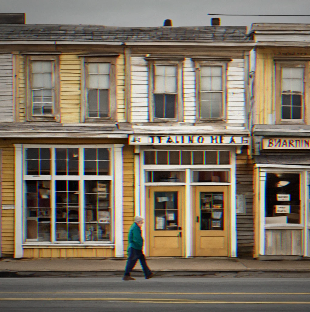Small coastal town street scene with person walking past maritime supply store and weathered storefront windows