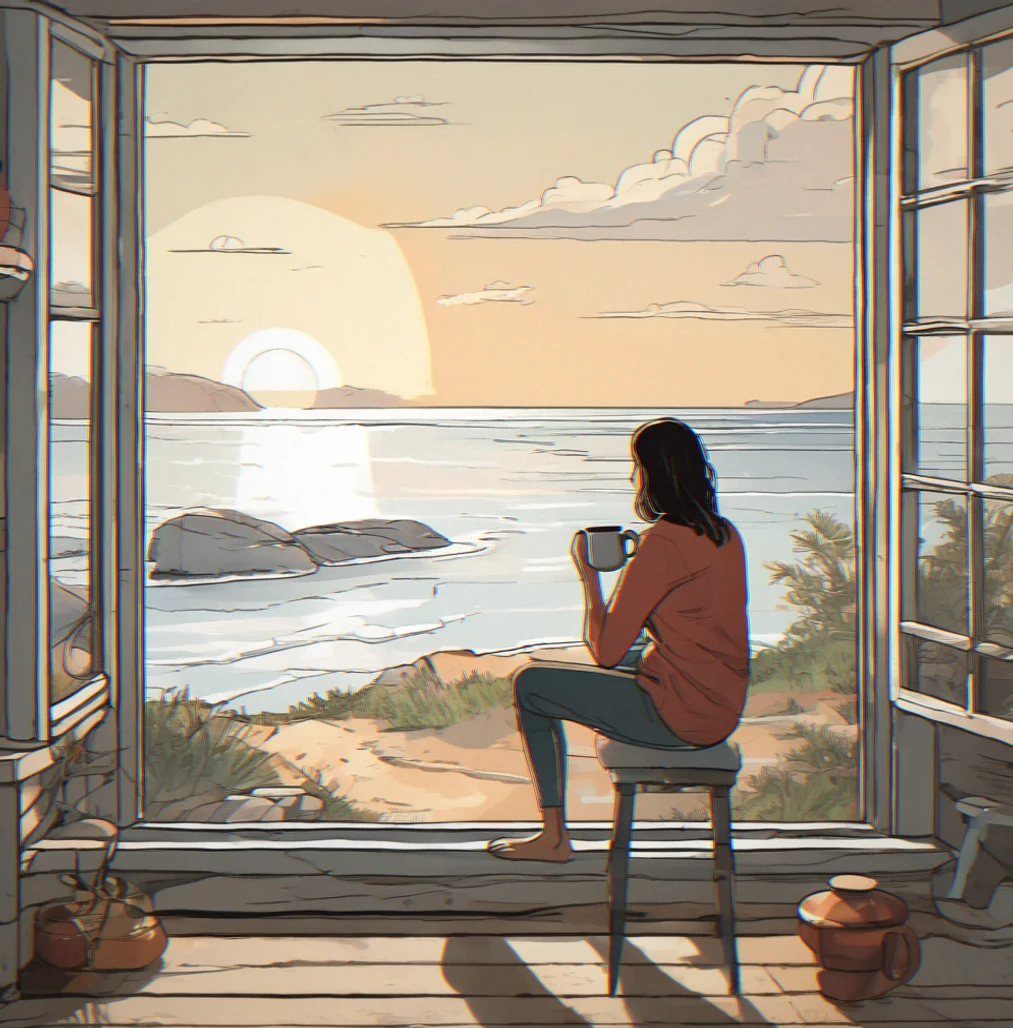 Interior shot of person at kitchen window facing water view, holding mug, morning light streaming through glass