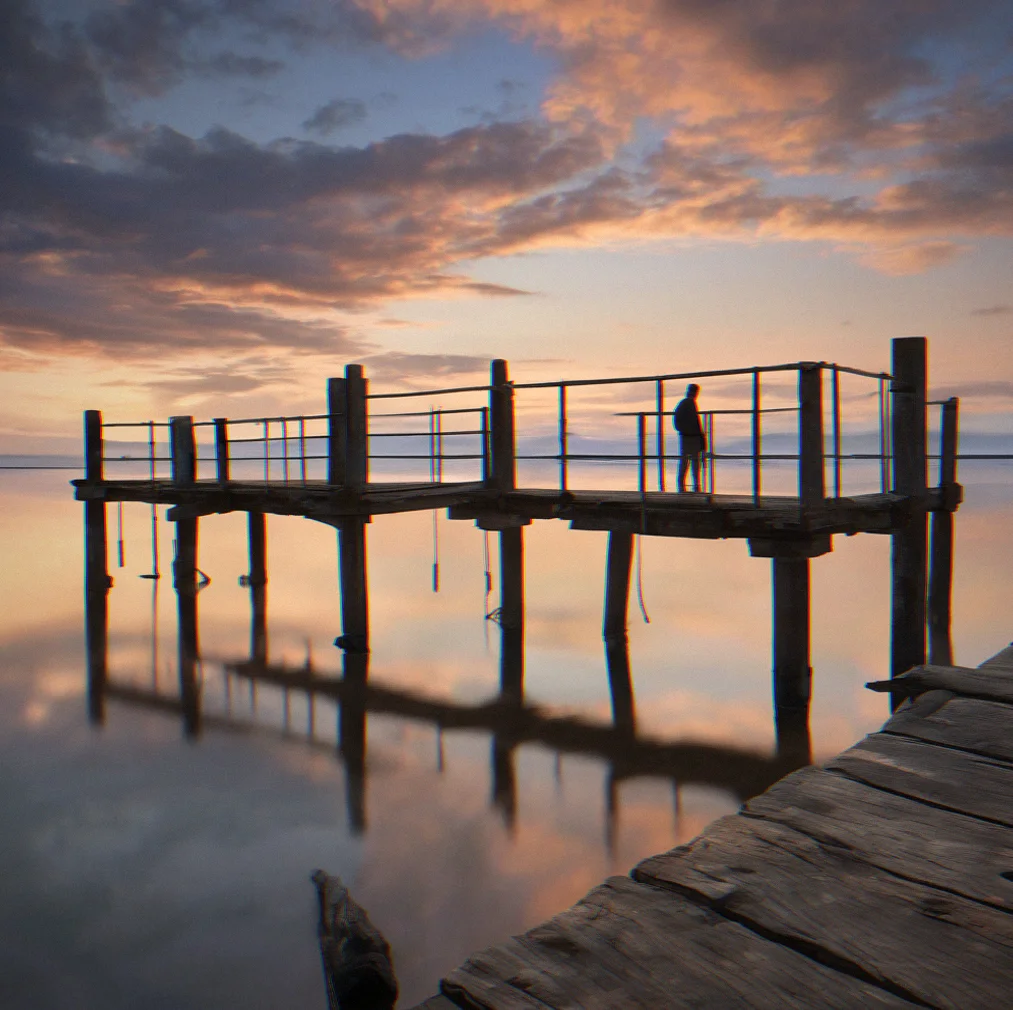 A weathered pier extends into still water at dusk, reflecting the dimming sky