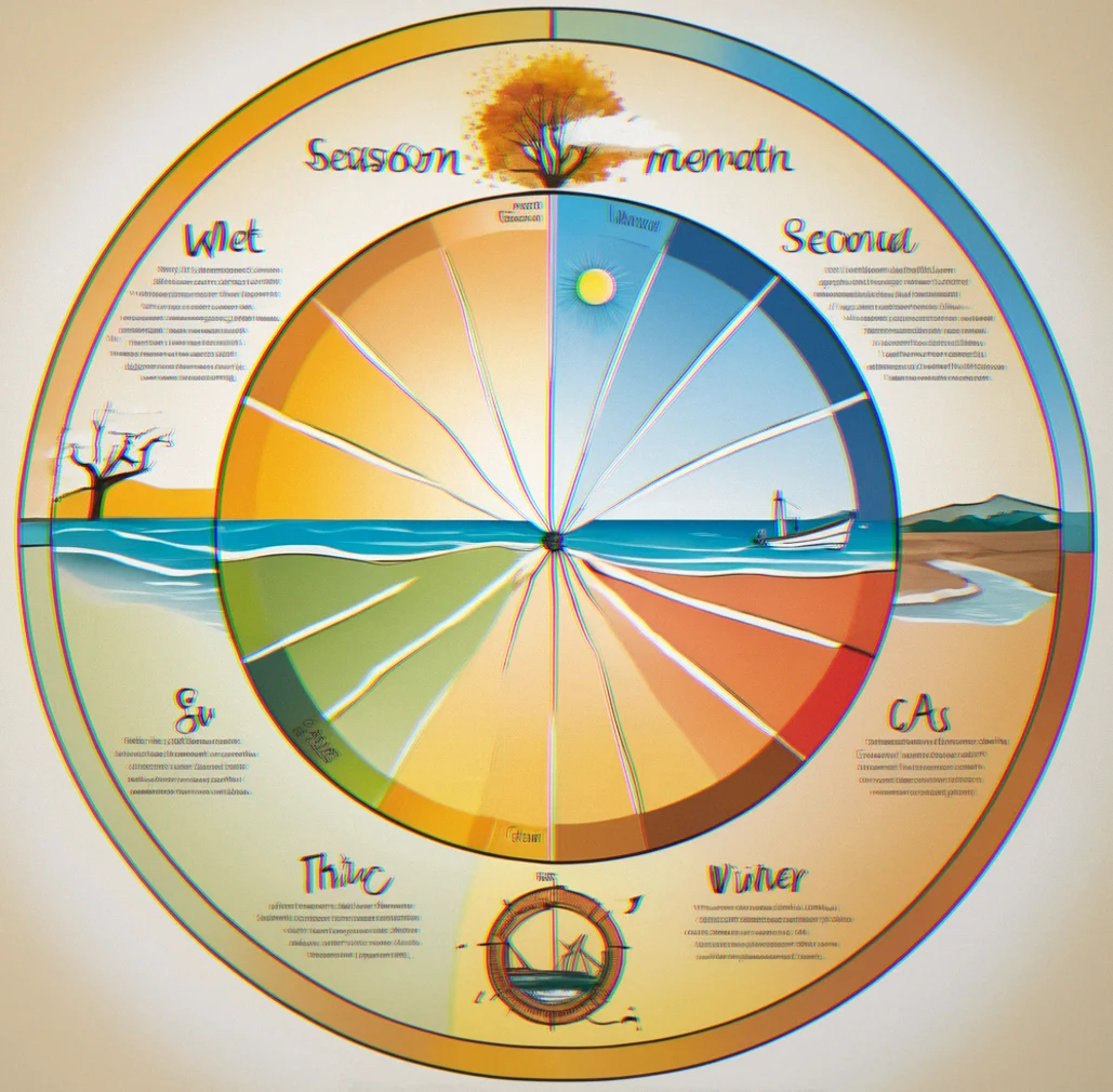 Circular seasonal wheel diagram showing four quadrants labeled Spring Exploration, Summer Building, Autumn Consolidation, Winter Integration with water color backgrounds and tide symbols