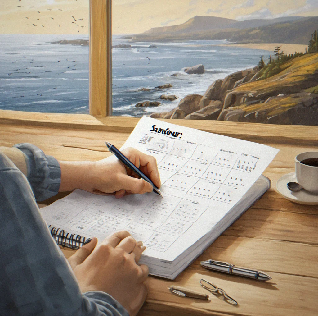 Person writing in workbook at wooden desk with seasonal calendar visible, natural light from window, coffee cup nearby